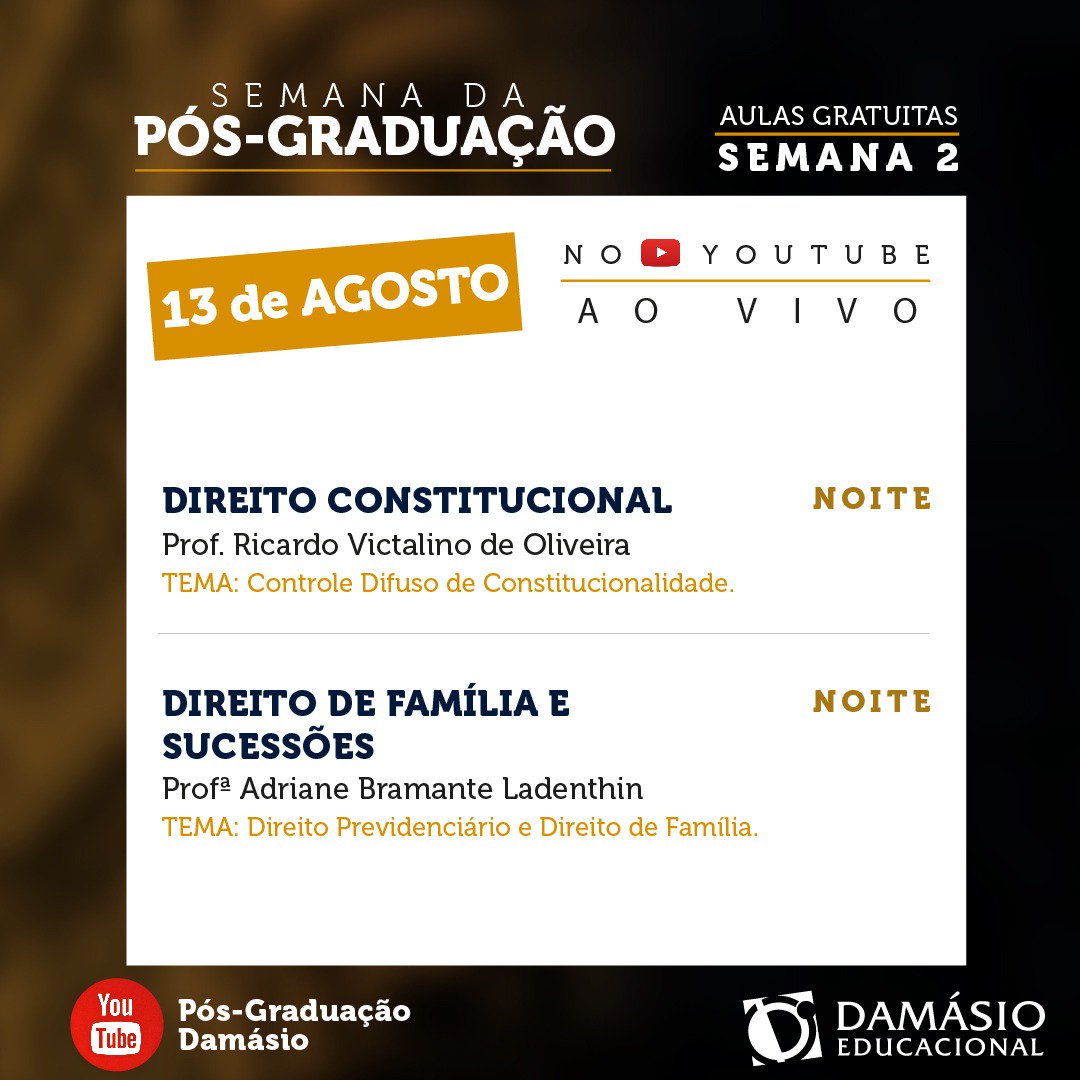 Damasio_Ap's tweet photo. Em alguns minutos, confira as aulas inaugurais do curso de Direito Constitucional e Direito de Família e Sucessões.

Início: 19h
- Direito Constitucional: https://t.co/VBsAgNB6xk
- Direito de Família e Sucessões: https://t.co/jiJVX1M16C

#posgraduacao #aulainaugural #damasio https://t.co/tuSV7P95LQ