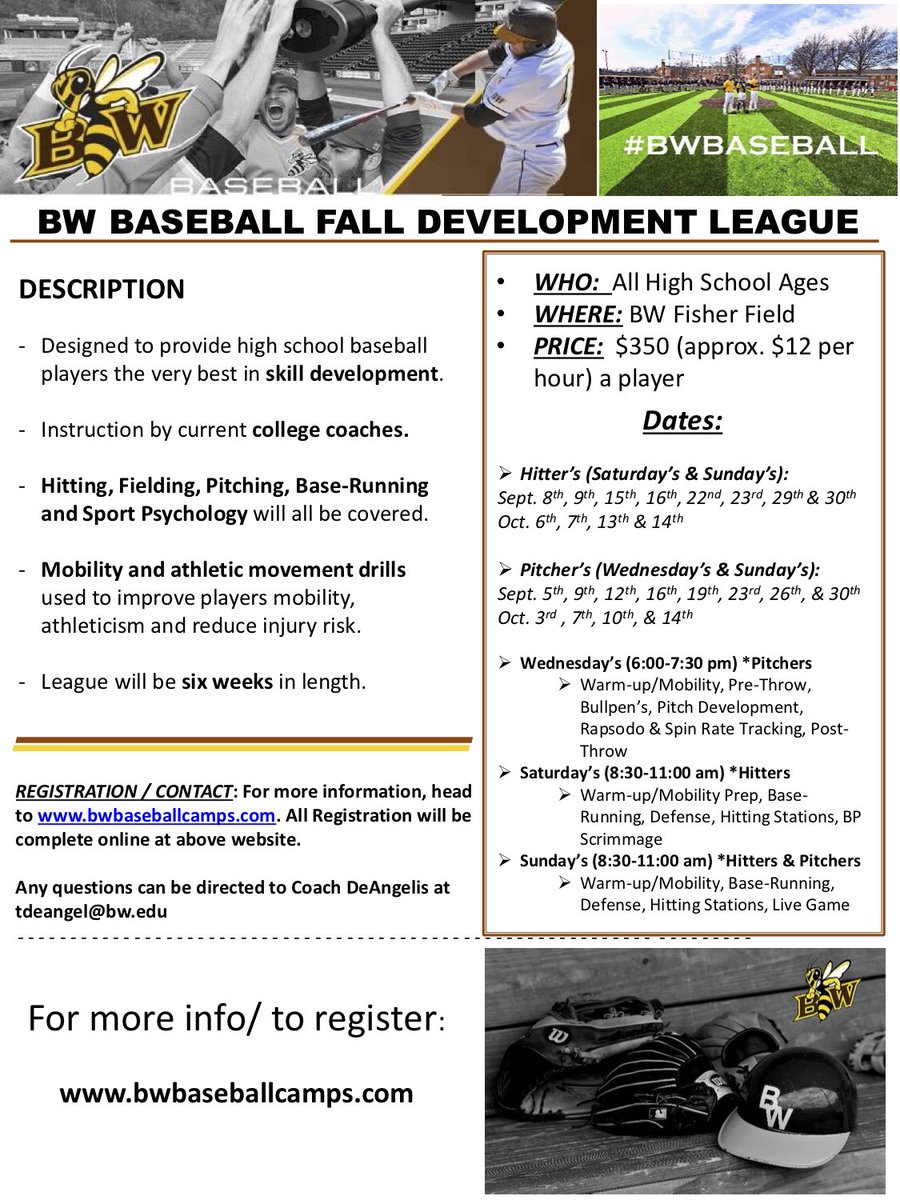 BWUBaseball's tweet photo. Take your skills to the next level with our Fall Development League! 

• Top-tier instruction 
• Live scrimmages
• Mental game development 

MORE INFO: 
https://t.co/3cOGxb7NDb

#BWbaseball #d3b https://t.co/Tu79On2viE