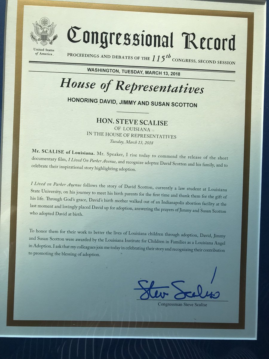 ILivedOnParker's tweet photo. Thanks to @SteveScalise for presenting @DavidScotton1 with a Congressional Record today honoring David’s work on behalf of adoption! https://t.co/fb5cnCnumM