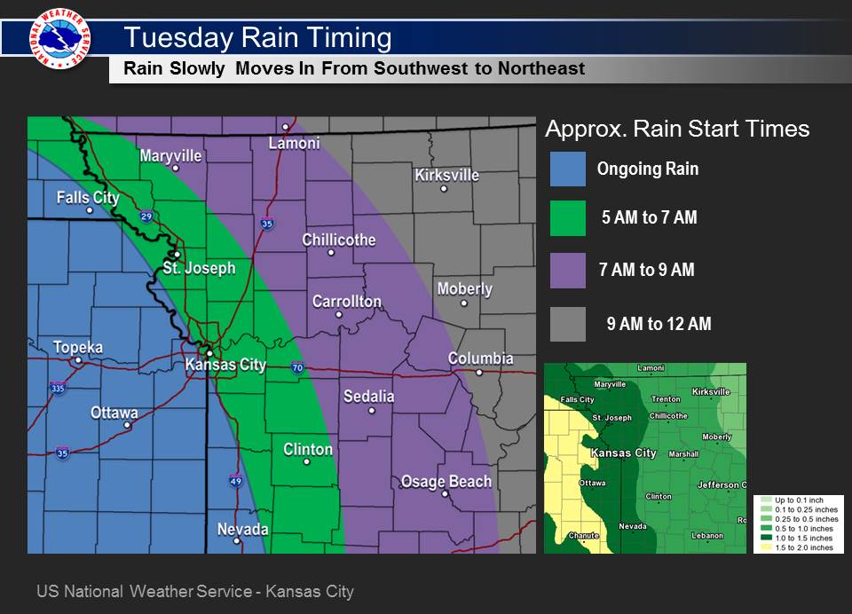 Nws Kansas City Rain Is Still Moving In And Should Be Here By Tuesday Morning The Rain Will Slowly Progress Northeast Through The Day By The End Of The Day