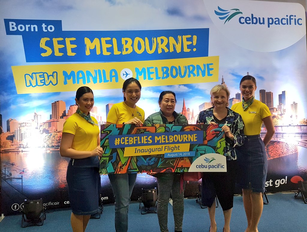 CebuPacificAir's tweet photo. Congrats to Ms. Mercedes Teresa Macaraeg for being our lucky first passenger to check in! Hope you enjoyed our special treat! #CEBFlies Manila to Melbourne #CEBFliesMelbourne https://t.co/oBRslxs94k