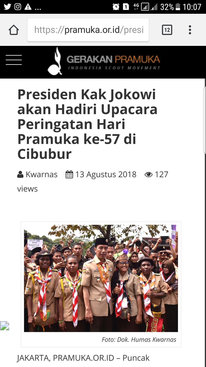 Presiden Kak Jokowi akan Hadiri Upacara Peringatan #HariPramuka57 di Cibubur bit.ly/2KQEsl3 

#PramukaPerekatNKRI #GerakanPramuka