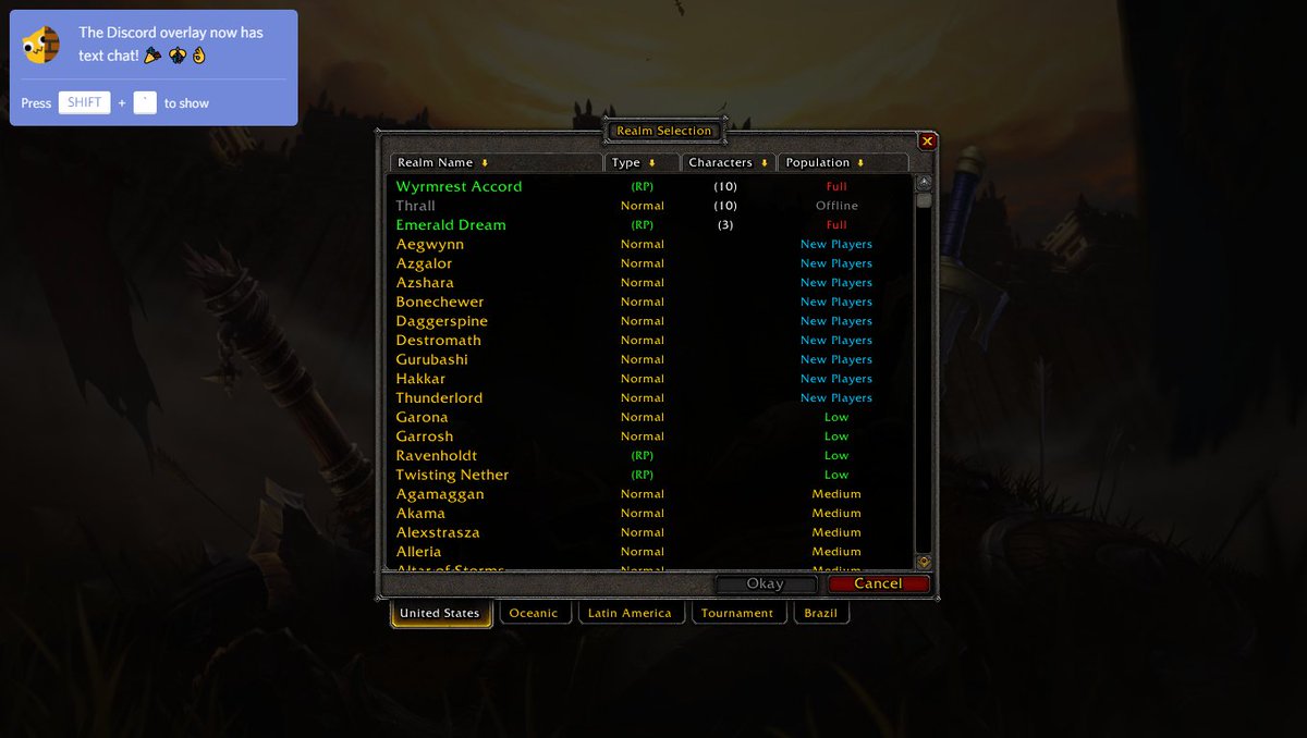 ArmoredTemmie's tweet photo. @BlizzardCS Friend has managed to get on Thrall server, but it still says its offline for me.  Pls help https://t.co/Mq9J30kcTi
