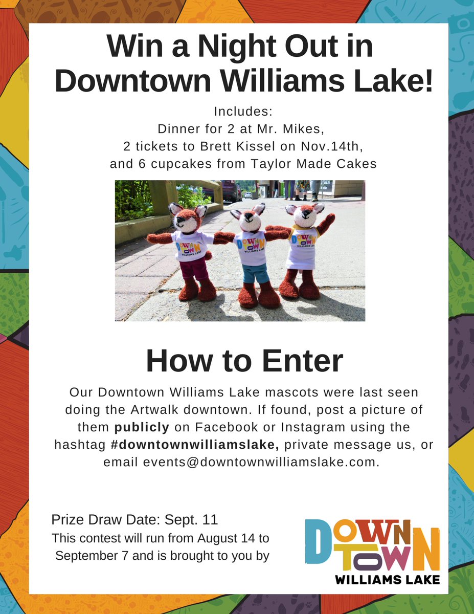Our #downtownwilliamslake mascots were out doing the Art Walk and they got lost again! We need your help locating them. See the poster below for details. #williamslake #cariboo #bctourism #exploreBC #beautifulbc