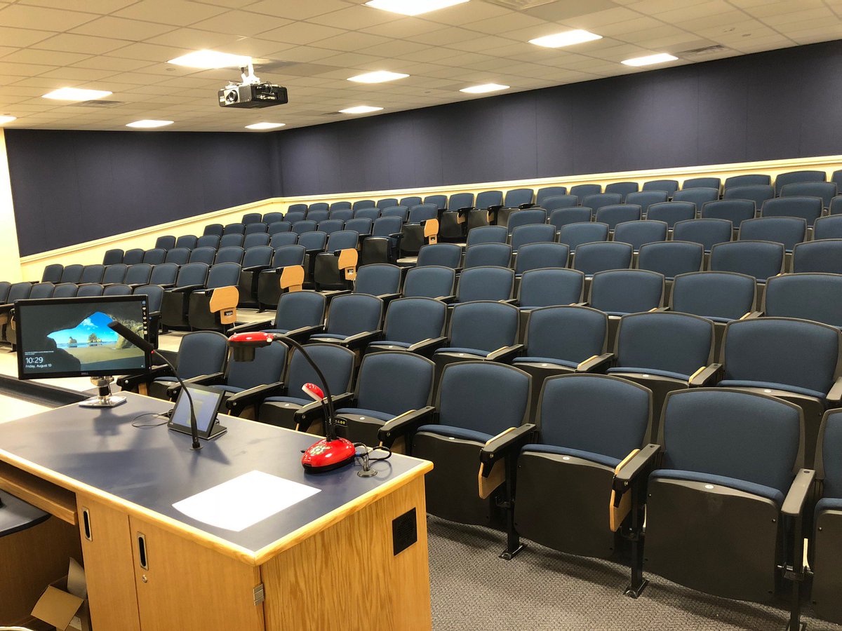 In-house crew did a complete remodel and increased the room capacity of Eng Sci Bldg G-39 General Purpose Classroom. New seating, flooring, ceiling, audio visual, new walls with sound panels,  lights and controls were installed. Nice job!