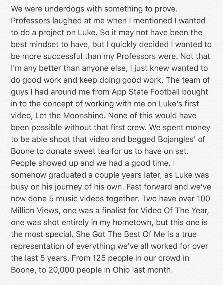 AConner_30's tweet photo. Big day for a lot of the people I’ve spent the last 5 years grinding with. Hasn’t always been perfect, but a heck of a journey nonetheless. The She Got The Best Of Me video is a testament to that. Thanks @lukecombs for the opportunity to chase a dream in ‘13. @appstate @TAFilms https://t.co/W4pqOxXWGN