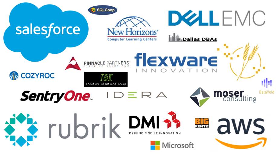 SQLMCT's tweet photo. Once again from #SQLSatIndy, Thank you to all of our sponsors! @salesforce @awscloud @TeamFlexware @rubrikInc @sentryone @NHIndy @Idera_Software @StaffatPinnacle @moserconsulting @DMI2002 @Microsoft @BigRentz @cozyroc #DallasDBAs #SQLCoop & @dataveld. #sqlpass https://t.co/T2ytiVvQad
