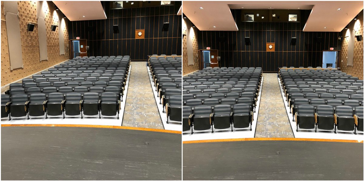 Gluck theater main campus renovations with new lighting, seating, flooring, drapes, painting and audio visual equipment.  .  The space will now be used as a General Purpose Classroom as well as continue its role as a theater and public speaking area.