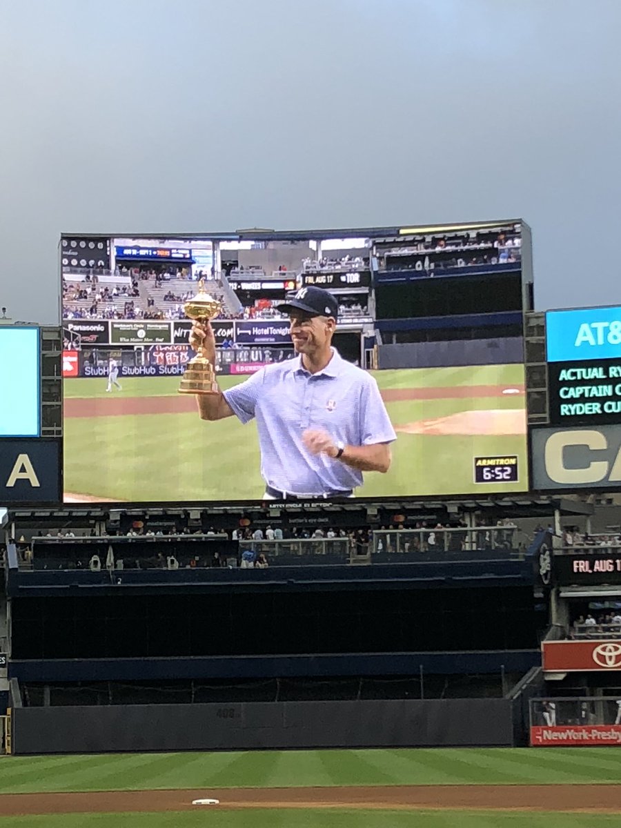The Ryder Cup Trophy Tour kicks off tonight in NYC with the <a href="/Yankees/">New York Yankees</a>, where Captain <a href="/jimfuryk/">Jim Furyk</a> threw a heater low and outside. #GoUSA