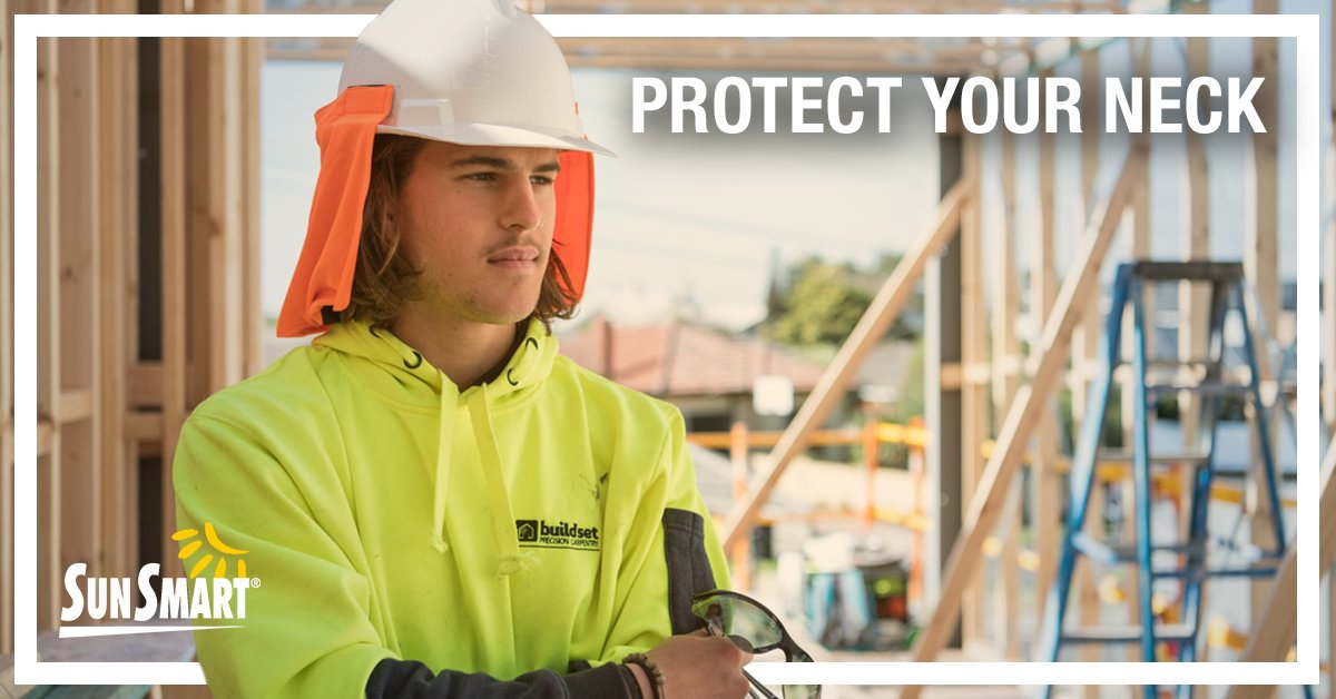 SunSmartVIC's tweet photo. Today's tradie tip… swap your baseball cap for a broadbrim or bucket hat for better protection for your face, neck and ears. What will you do to put UV on the agenda on-site today? #dontwaitforsummer https://t.co/1bw8T8XgTl https://t.co/dc6Wl0WxQN