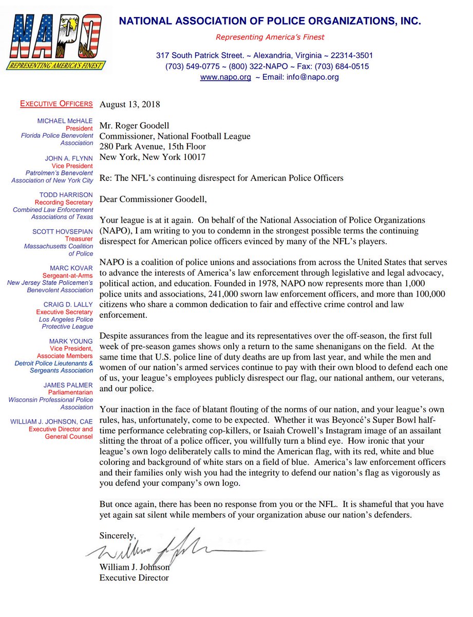 NJSPBA's tweet image. An open letter to the NFL Commissioner on the total disrespect of American Law Enforcement. @NAPOpolice