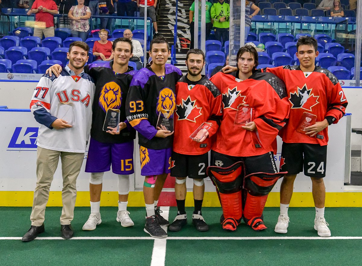 2018 WJLC IIJL All-World Team
(left to right)
Defender - United States #77 Justin Napolitano
Transition - Iroquois #15 David Anderson
Forward - Iroquois #93 Marshall Powless
Forward - Canada #2 Tanner Buck
Goaltender - Canada #33 Brody Harris
Defender - Canada #24 Matthew Wright