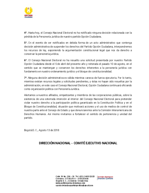 Comunicado de Prensa de la Directiva de nuestro Partido <a href="/OpcionCiudadan1/">OPCION CIUDADANA</a>