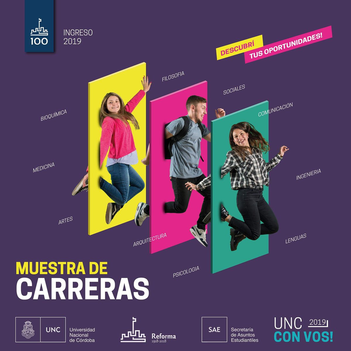 SaeUnc's tweet photo. 📢🔴Muestra de Carreras “La UNC con VOS” - Ingreso 2019.
4, 5, 6 y 7 de Septiembre de 2018.
Vení a este espacio de encuentro de la UNC con la comunidad en general y con las escuelas secundarias en particular. ¡Te esperamos!💪🤗😊

▶️Más info: https://t.co/bcsUx6y5yZ https://t.co/hO8M2GHk2O