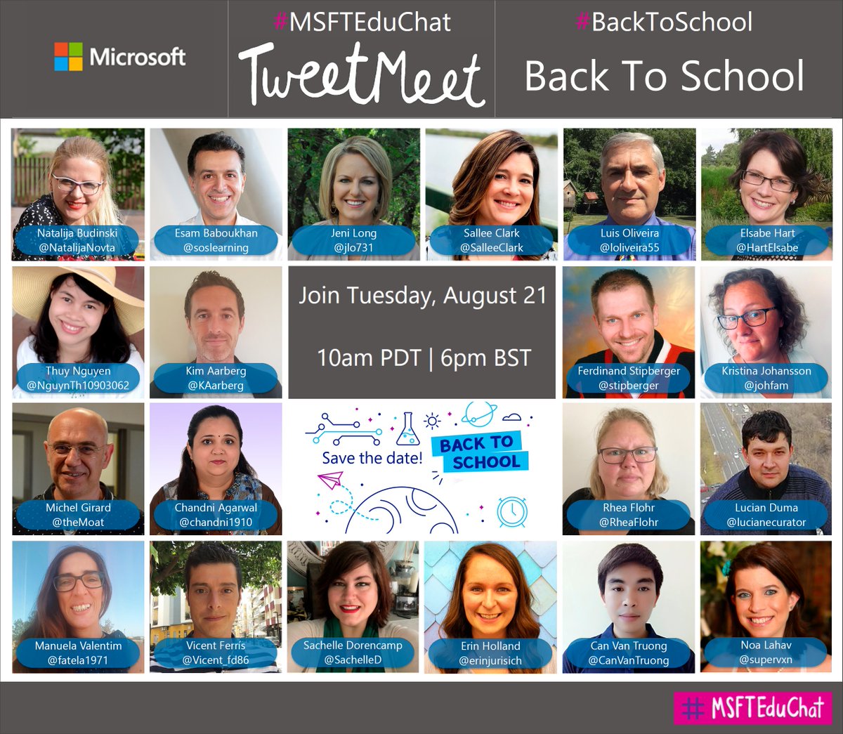 Images of the 20 co-hosts for the #MSFTEduChat on Tuesday, August 21.