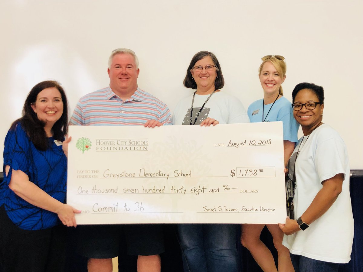 HooverCSF's tweet photo. Congratulations Greystone Elementary- They won the contest for the most donors to our #Committo36 campaign! We donated $738 to Greystone‘s PTO plus $1000 to Greystone‘s principal for their efforts! https://t.co/rM8iEGLt26
