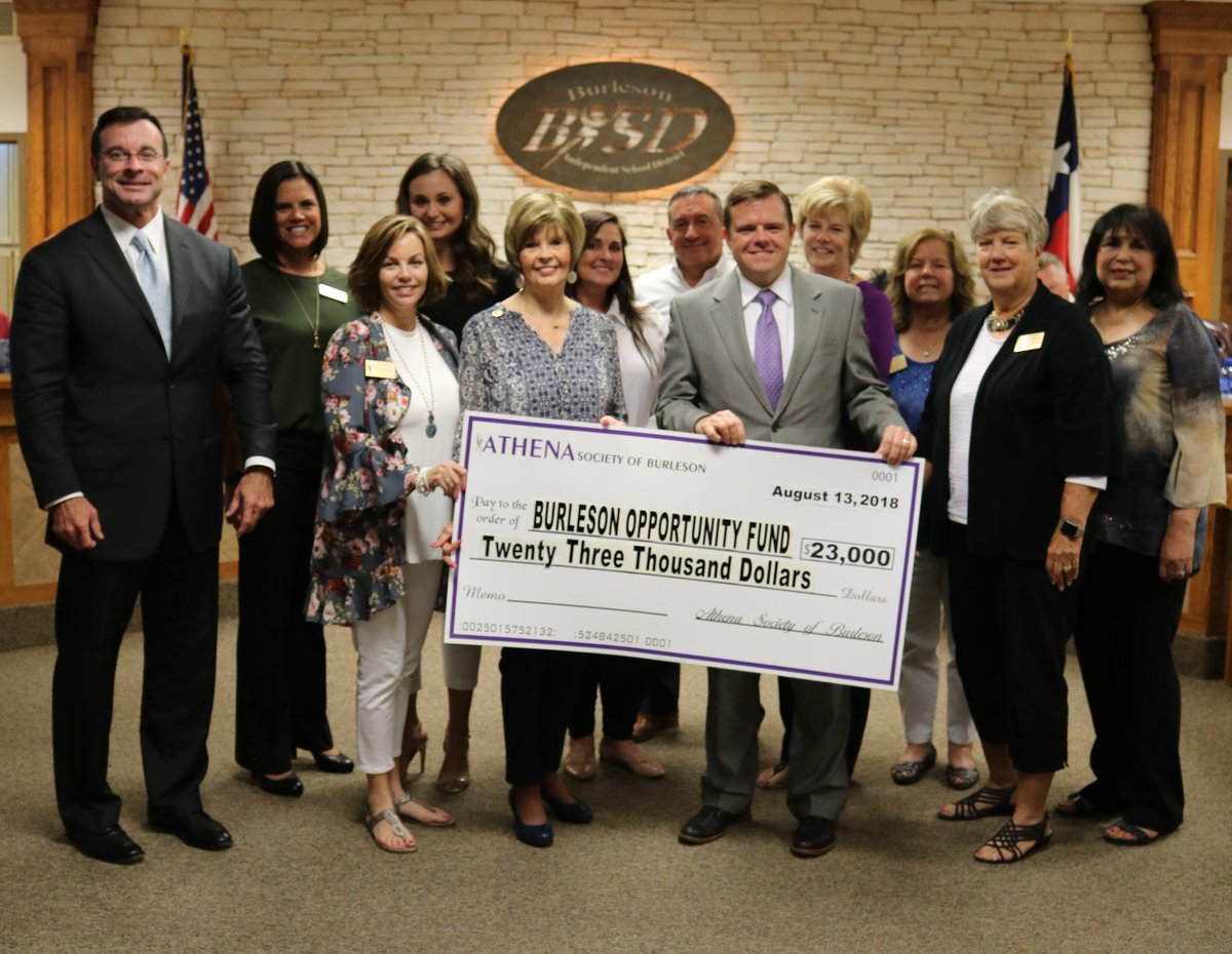BurlesonISD's tweet photo. At tonight's board meeting, the ATHENA Society of Burleson presented a check for $23,000 to the Burleson Opportunity Fund to provide college scholarships to Burleson students. Thank you to the ATHENA Society of Burleson for investing in our students' futures! https://t.co/as9fFMMLjD
