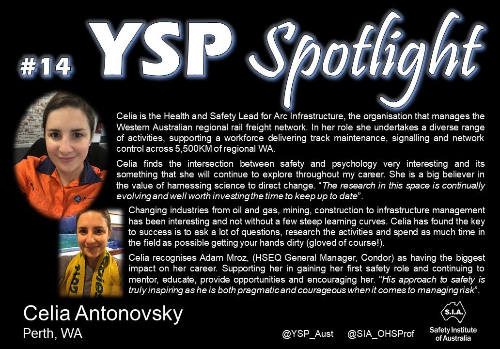 Today, Celia Antonovsky is the #yspspotlight (Profile 14)
Read about Celia's tips for success as an emerging health and safety professional!
<a href="/YSP_Aust/">Young Safety Pro</a> @SIA_OHSProf #aw2aw 
Get yourself in the spotlight - email: yspinfo@sia.org.au
