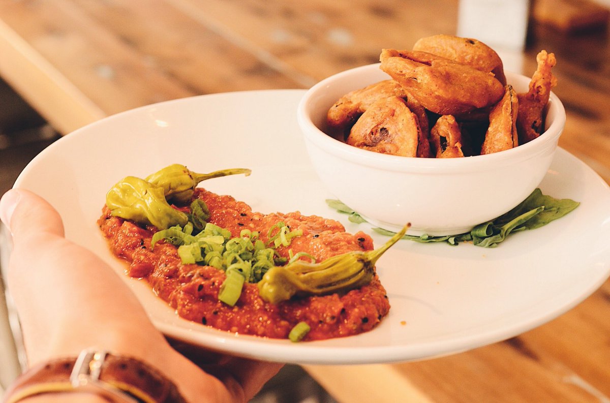 We hope you’re feeling #eggscellent 🍆 today, because we definitely are!
•
Sweet &amp; spicy eggplant Bhartha with eggplant tempakora crisps &amp; pickled shishito peppers. On #special for $12 while it lasts!
•
#eggplant #shishitopeppers #local #victoria #victoriagrind