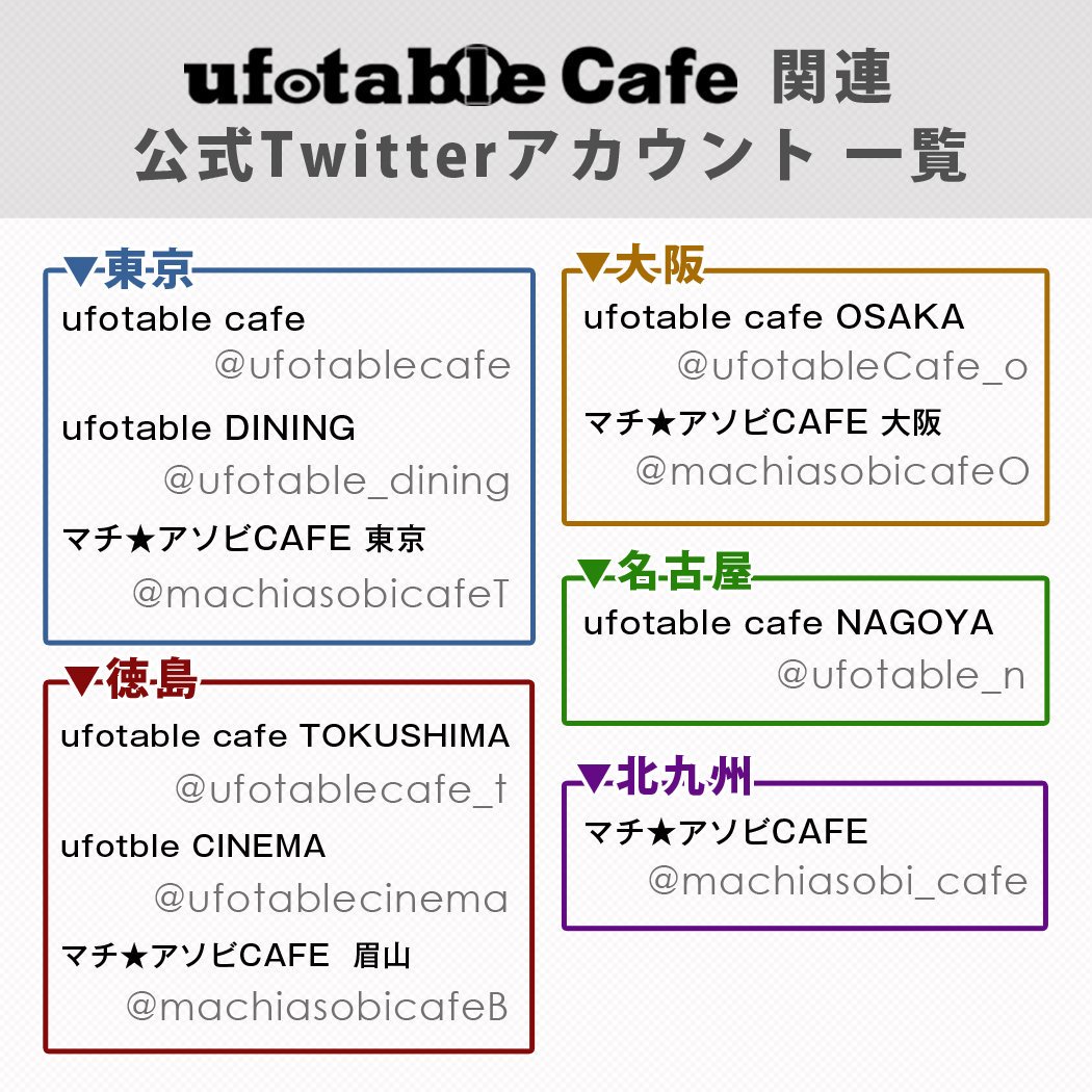 Ufotable On Twitter 国内弊社関連店舗一覧 カフェ東京 名古屋 大阪 徳島 Ufotablecafe Ufotablecafe N Ufotablecafe O Ufotablecafe T 新宿ダイニング Ufotable Dining 徳島シネマ Ufotablecinema マチカフェ東京 大阪 眉山 北九州 Machiasobicafet