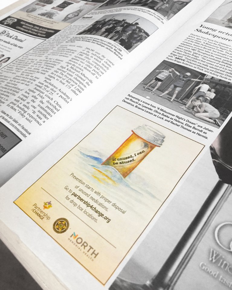 VoomCreative's tweet photo. This is the first ad in the series for an ad campaign we created for @PFC_MN. The campaign objective is to create awareness around safely disposing unused medications &amp; to promote drop box locations throughout Hennepin County. The illustration was created by Voom Creative. https://t.co/tedvsrZPy3