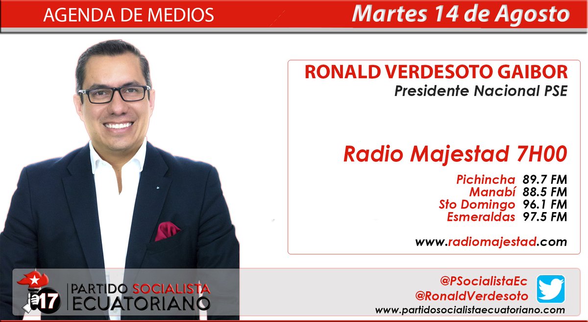 PSocialistaEc's tweet photo. 🔺¡MAÑANA!🔺 
Presidente Nacional @PSocialistaEc @RonaldVerdesoto está como invitado a la emisora @radiomajestadfm  
@Radiomajestad 
¡Acompáñenos!
#ConstruyamosJuntos 
#ConAlmaSocialista https://t.co/KLcx4symFt