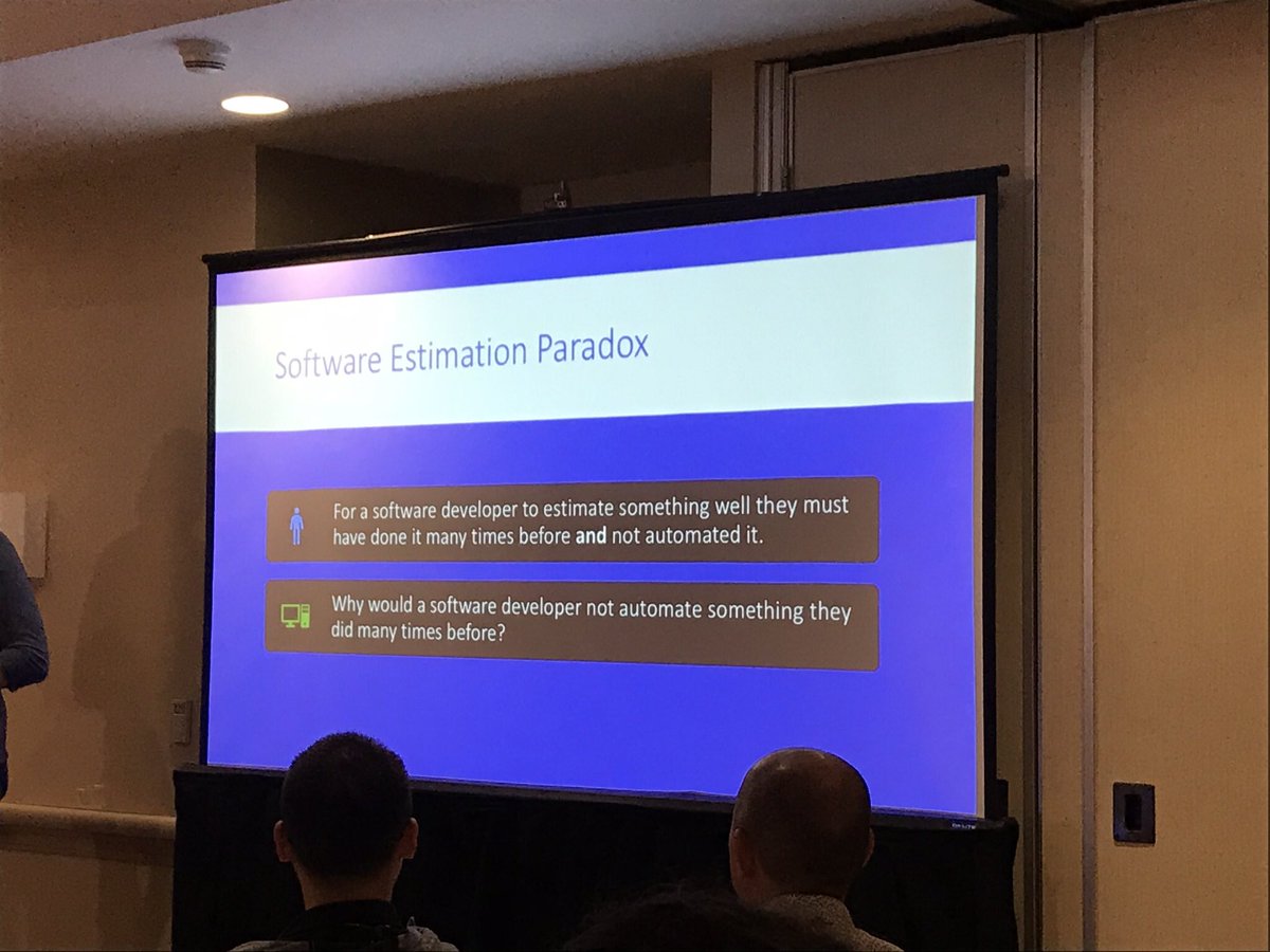 azolyak's tweet image. “Why would a software developer not automate something they did many times before?” Right 🤣?!  Going through #Agile2018 notes... #NoEstimates via @ChristophLucian
