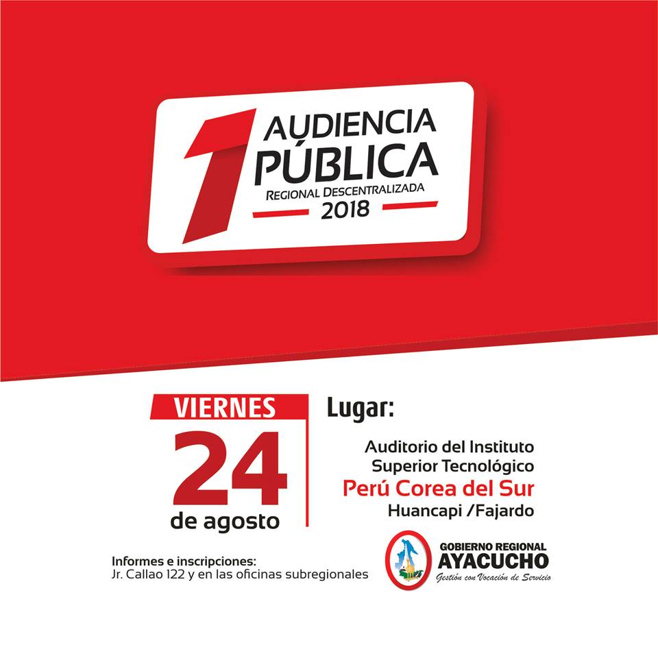 GoreAyacucho's tweet photo. Participa de la Audiencia Pública Regional Descentralizada. #Huancapi te espera 👍
#AudienciaPública2018 https://t.co/D9hCLUX4gL