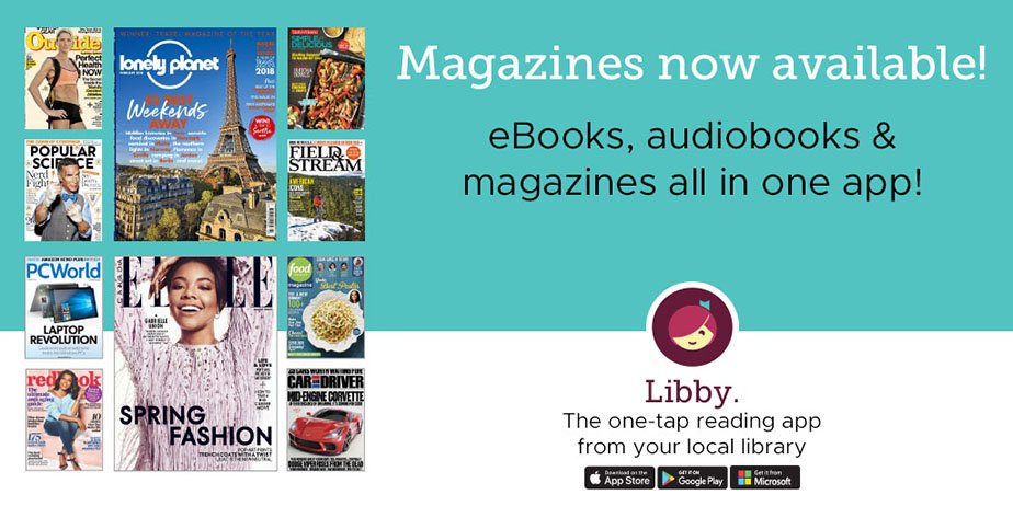 a graphic with magazine and book covers, including the Libby logo