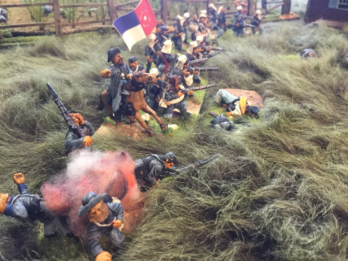 Oldwargamer's tweet photo. #ACW action using #DixonMiniatures #NorthCarolina #Havelocks I think? Don’t shoot me I did them a long time ago! 😀 #25mm #AmericanCivilWar #wargamer #wargames #wargaming https://t.co/10kdhY3pnA