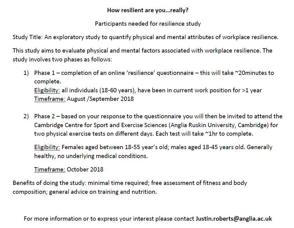 Wondered how resilient and fit you are? Looking for participants for a new study starting now (see advert). Email me (justin.roberts@anglia.ac.uk) if interested.