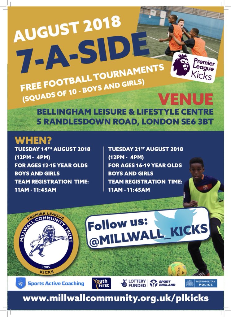 A reminder that today is day 1 of 4 Millwall Premier League Kicks football 7-a-side football tournaments this summer holiday. Today’s will be at <a href="/BellinghamLC/">@BellinghamLC</a> for 12-15 years olds. Registration starts at 11am.