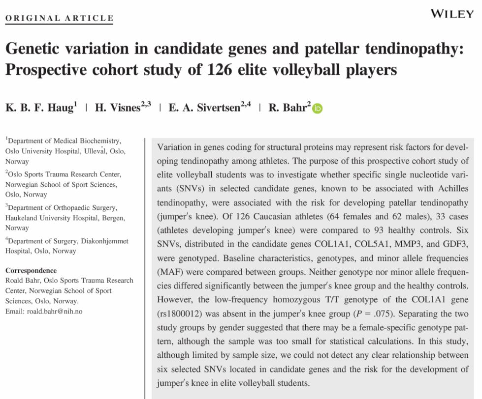 Is there a genetic predisposition for tendinopathy? New study: We could not detect any clear relationship between six selected SNVs located in candidate genes and the risk for the development of jumper′s knee in young elite volleyball players.
onlinelibrary.wiley.com/doi/10.1002/ts…