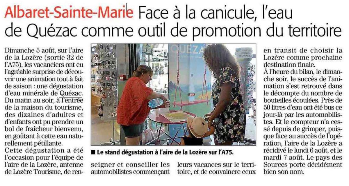 De l'eau Quézac distribuée sur l'aire d'autoroute de Lozère pendant la canicule, une très bonne idée de @lozeretourism48 ! Article <a href="/MidiLibrelozere/">Midi Libre Lozère</a>