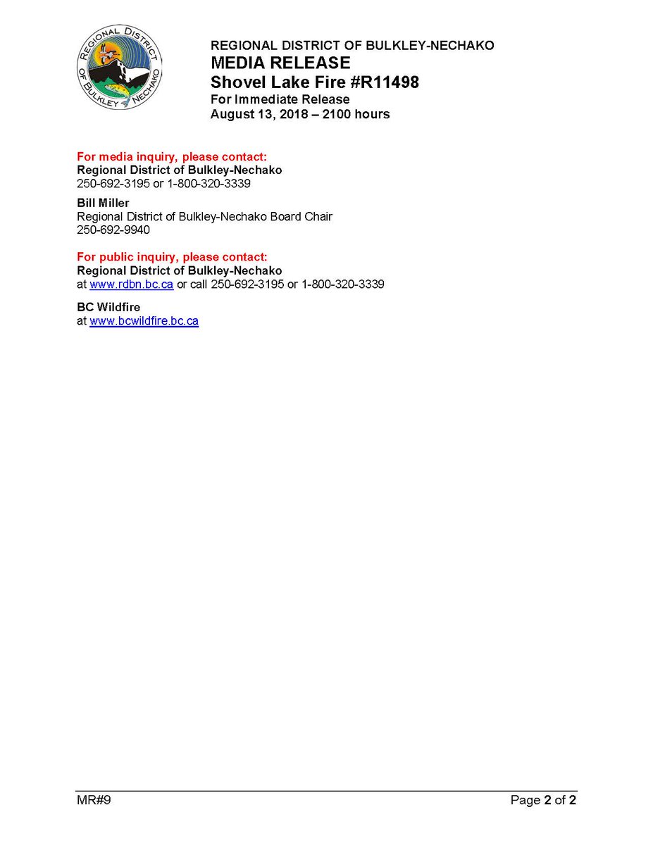 BNemergencyInfo's tweet photo. The #RDBN has issued an expanded Evacuation Order for the Shovel Lake Fire August 13 2100 hours https://t.co/cf31e1ATZA