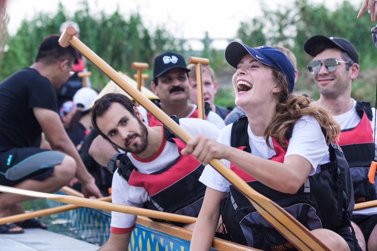 UWCCSC's tweet photo. As one of the bonding activities at the start of the new school year，on 10th Aug. ，teachers and staff had so much fun during a Dragon Boat race on Kuncheng lake which surrounds the beautiful campus of UWC Changshu China. （Photo credit to Jimmy Zheng） https://t.co/gjbbpp8Moo
