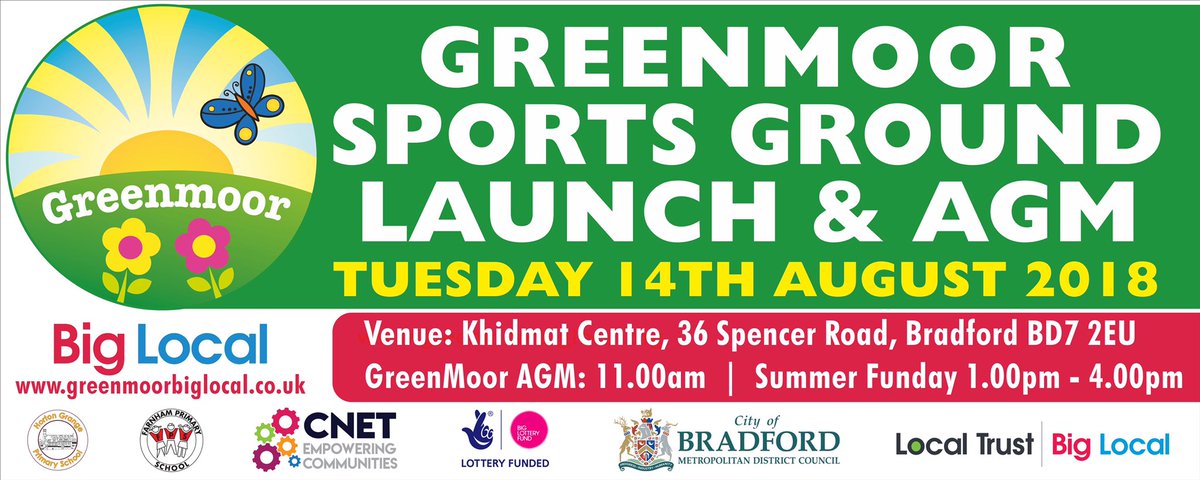 Todays the day peeps don’t forget to come join us at 11am for the Greenmoor Big Local AGM
1pm is the opening of the Greenmoor Sports Ground alongside a fun filled afternoon of activities and stalls @CNet_Bradford 
#Bradford #Funday #communityevent #Cricket #AGM #Sports #Children