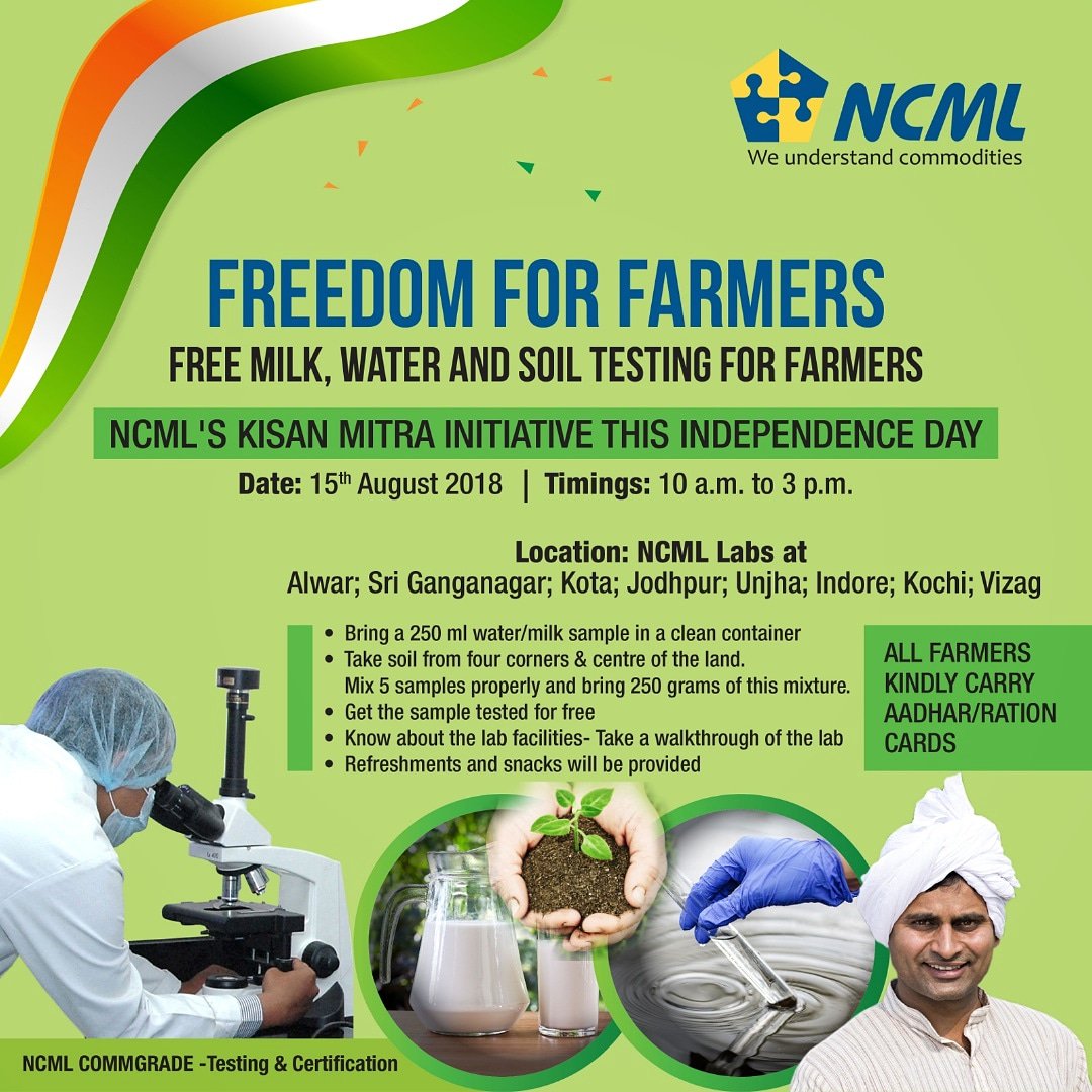 NCMLSocial's tweet photo. The select #labs will also be #testing #Soil along with #milk and #water for #farmers! #Spreadtheword #FreedomForFarmers - An initiative for #farmers by #NCML this #IndependenceDay #2018
#farmer #agriculture #soiltesting https://t.co/MNywK5uHkG