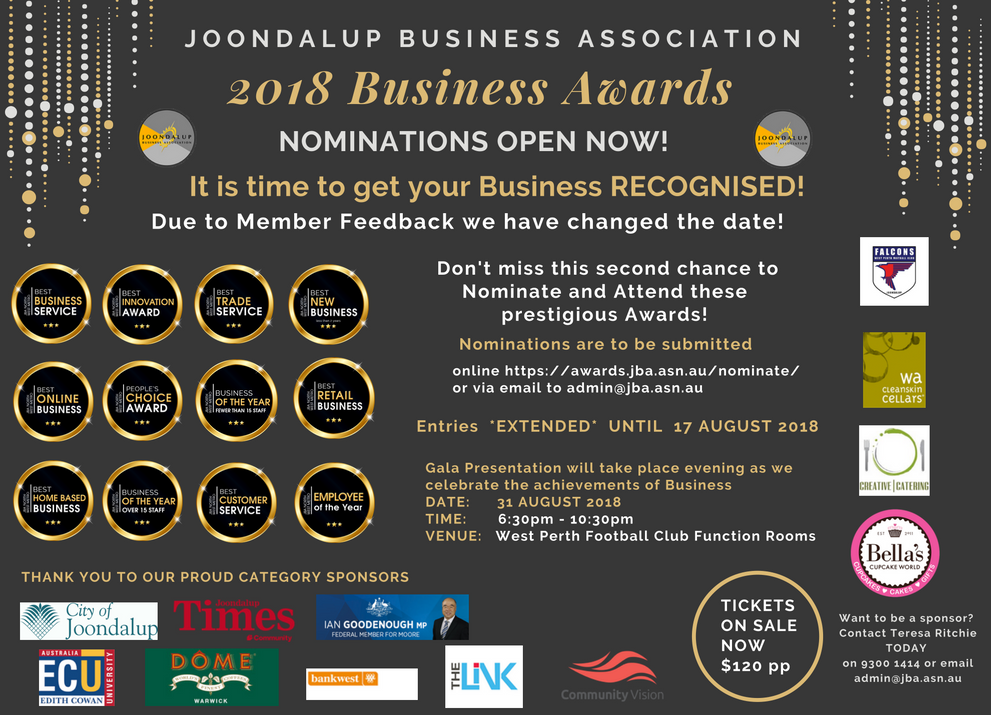 JoondalupBA's tweet photo. Have you bought your ticket for the Awards Night? Come along and show your for the JBA and for Small to Medium Businesses as they showcase their achievements for 2018.
#smallbusiness #networking #B2BReferrals #advocacy #mentoring #community #business https://t.co/r9uXwDeQAO