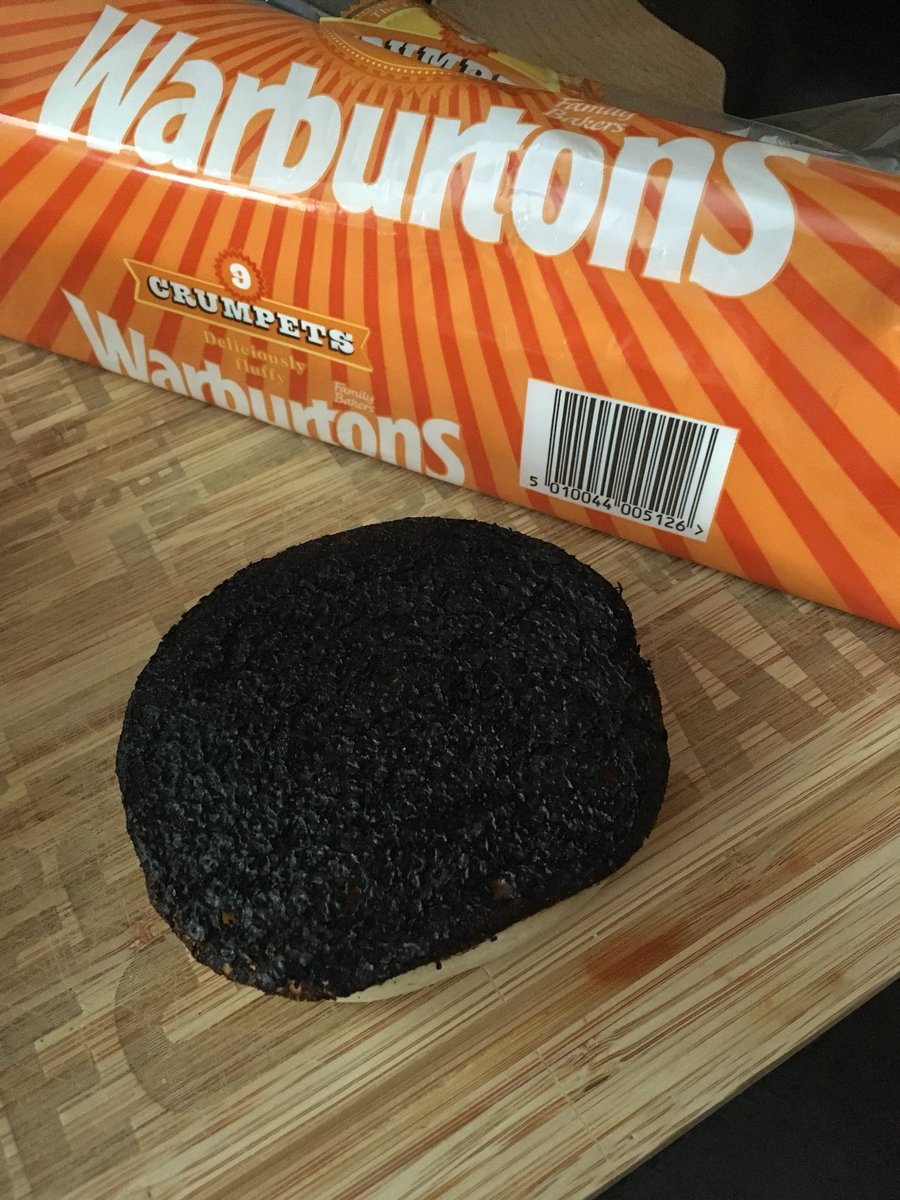 JillSmith00's tweet photo. @Warburtons just pulled this out of my crumpet packet! Black burnt n sticky. Has ruined the other crumpets too 😕 https://t.co/qaIf3c9NPE