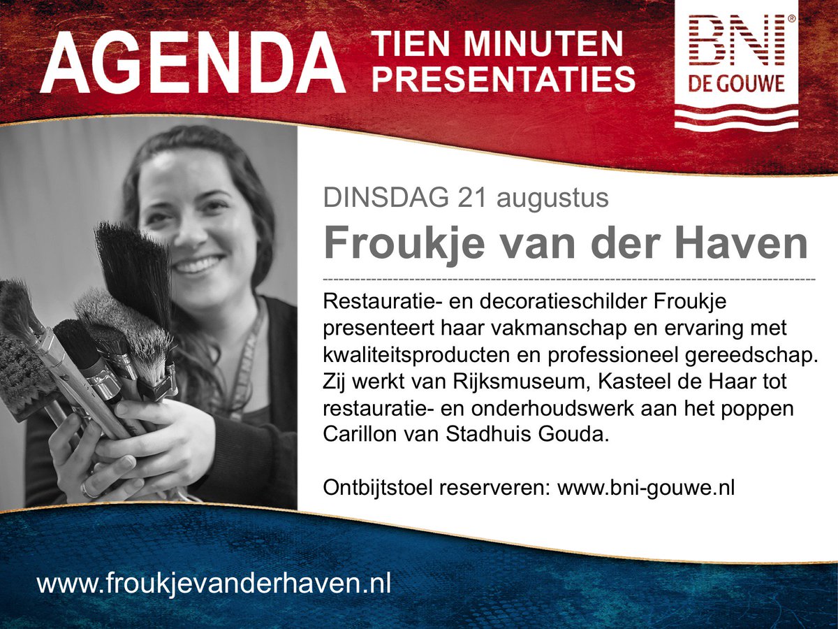Vakvrouw restauratie- en decoratieschilder Froukje van der Haven presenteert haar werk van hout- en marmerimitatie, muurschildering, restauratiewerk, vergulden, patineren tot letterwerk. Aanmelden presentatie bni-gouwe.nl
Voorproefje: ziggo.nl/zakelijk/inspi…