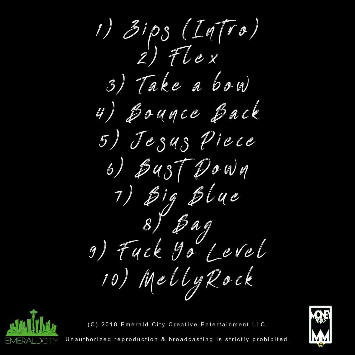 MellyMac2Ms's tweet photo. Track list for August 15th👀💎

#ECE #MONEYMOVES  #MM #DONTSLEEP #BAG #EMERALDCITY #NEWMUSIC https://t.co/zphvExWY7I