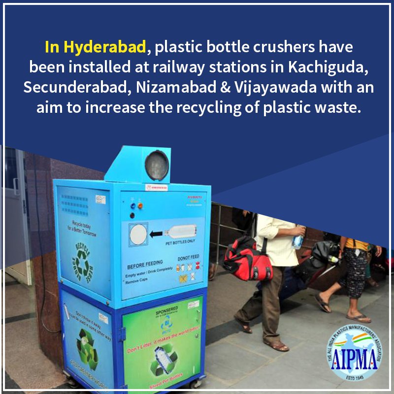 AIPMAenvr's tweet photo. In Hyderabad, plastic bottle crushers have been installed at railway stations in Kachiguda, Secunderabad, Nizamabad &amp; Vijayawada with an aim to increase the recycling of plastic waste.

#BeatPlasticPollution #Plastics #BeResponsible #AIPMAEnvironment #recycle #reuse  #India https://t.co/vlaTPieEgA