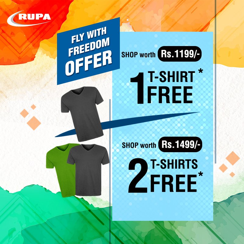 RupaKnitwear's tweet photo. Experience the spirit of Independence Day with Rupa!
Get FREE t-shirts!
Shop@ www.RupaOnlineStore
#HappyIndependenceDay #IndependenceOffer #FlyWithFreedom #Rupa50Years #FreeTshirt #Offer #Freebie https://t.co/nWYYLGnvYL