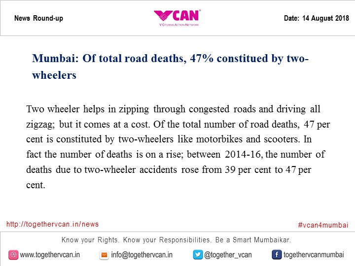 Retweeted TogetherVCAN (@Together_VCAN):

#Mumbai: Of total road deaths, 47% constitued by two-wheelers

Click here to read more:
togethervcan.in/news/mumbai-to…

#Vcan4Mumbai  togethervcan.in/news/mumbai-to…