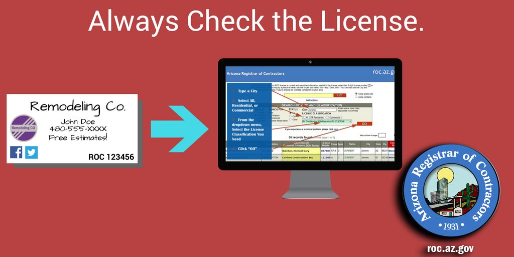 AZ_ROC's tweet photo. ALWAYS check the license at https://t.co/ryiIveyzT2 before hiring a contractor. #Hirelicensed and #Checkthelicense. https://t.co/5BkUpEm2no