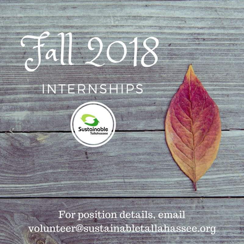 Apply for our Fall 2018 internships! Contact: volunteer@sustainabletallahassee.org.
Looking for creative💡energetic personalities passionate about our environment and community outreach. 😎♻️
<a href="/SustainFAMU/">FAMU Sustainability</a> @fsusustainable 
#Tallahassee @TCCCareerCenter