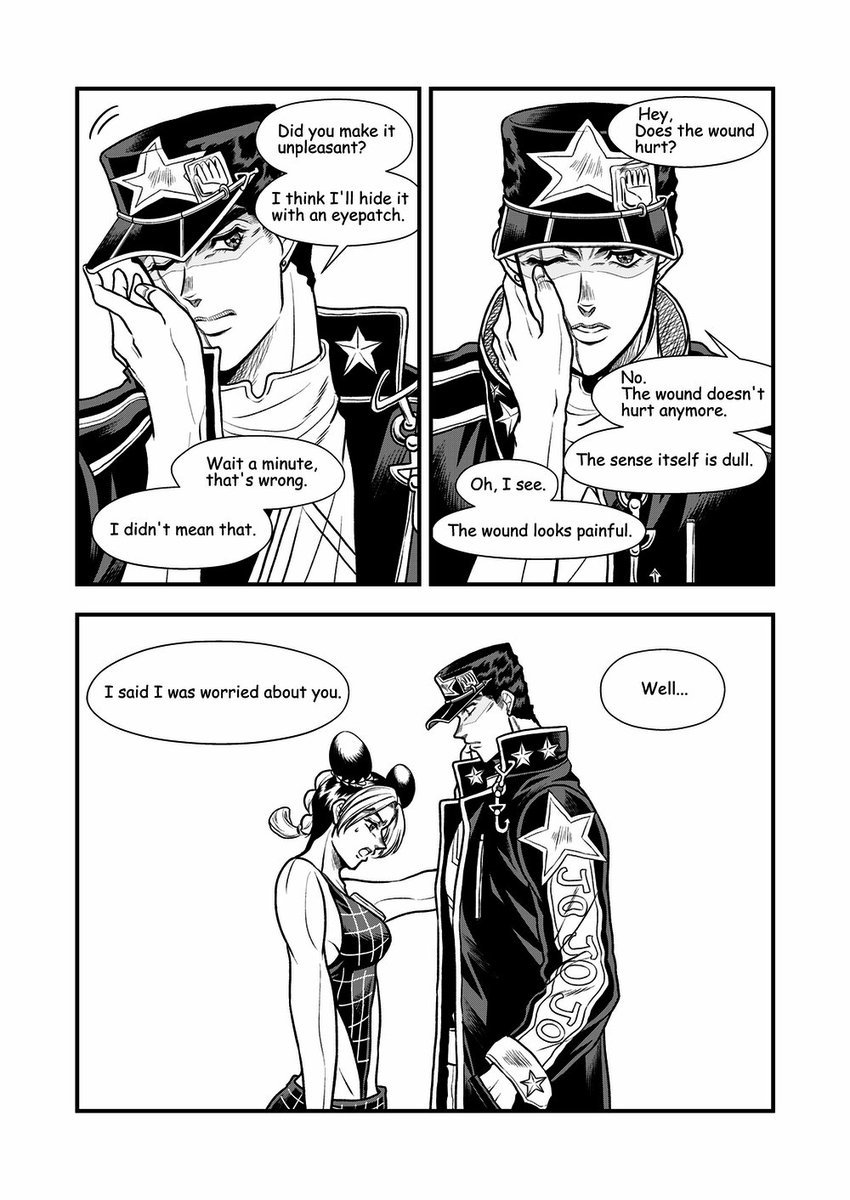 She's clumsy like her father.(Jotaro+Jolin)

Only she can touch him.
He is indulgent to his daughter.

(I tried translating using a translation website.
It's not perfect, but I think it's good to be able to convey even a little.) 