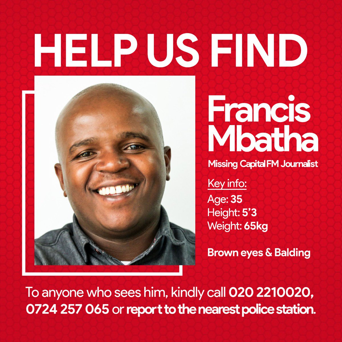 SusanLUCKYWong's tweet photo. Help us find our missing @francombatha 🙏🏻 Call 020 2210020, 0724 257 065 or report to the nearest police station. https://t.co/02cufMpeCo #FindFranny https://t.co/TE3IMmLTL4