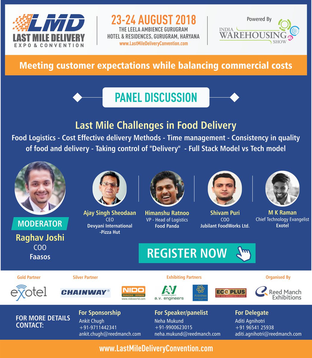 #LastMile Challenges in #FoodDelivery - #FoodLogistics - #CostEffective delivery Methods - Time management - Consistency in quality of food &amp; delivery - Taking control of "Delivery" @ #LMD2018, Aug 23-24, Hotel Leela, Gurgaon. Register @ bit.ly/LMD18